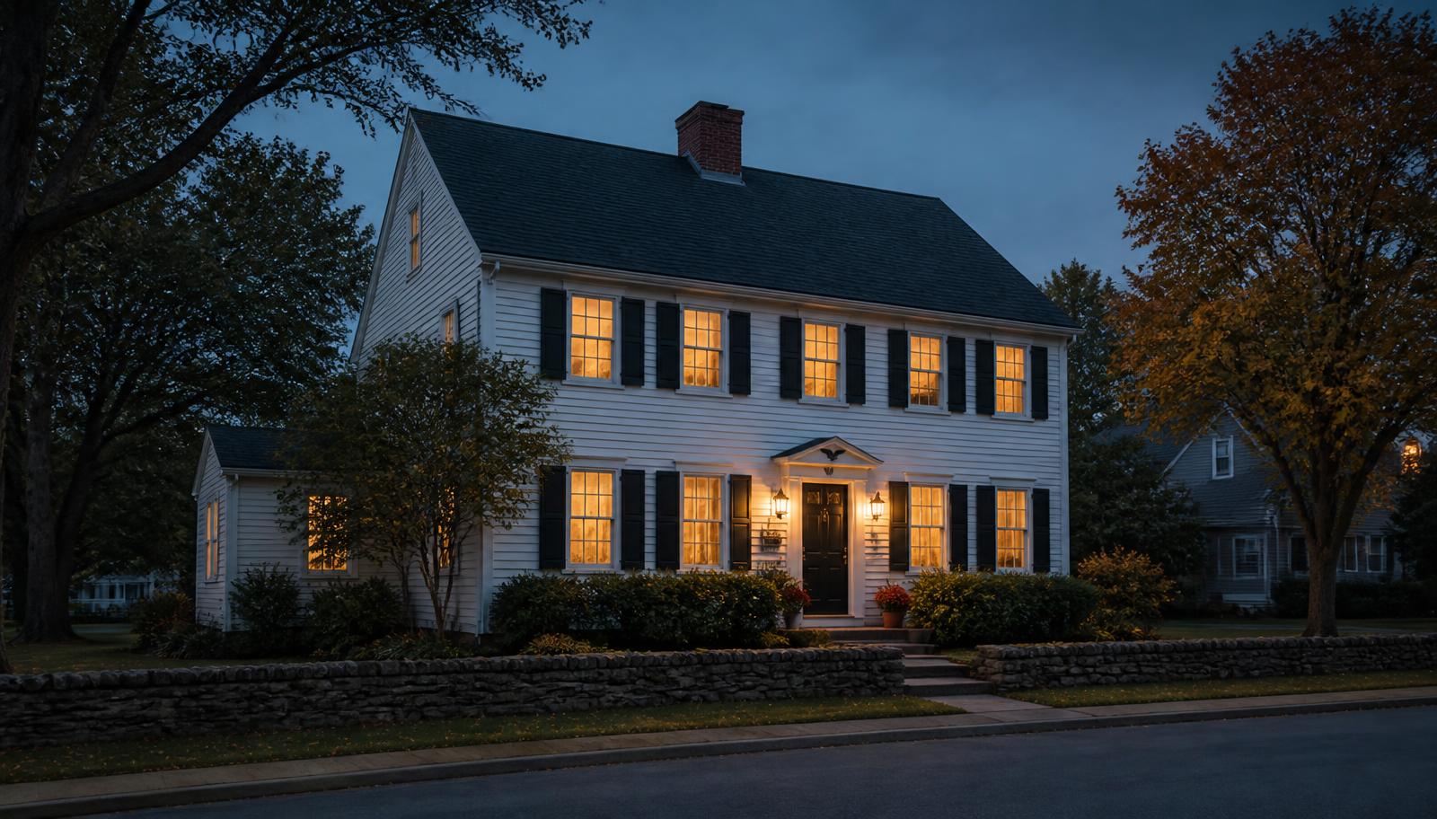 A well-maintained New England colonial home at dusk with a dark asphalt shingle roof