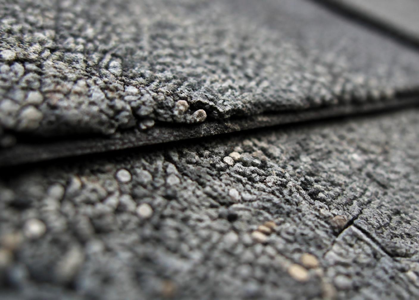 Macro photograph of weathered asphalt shingle granules showing surface texture
